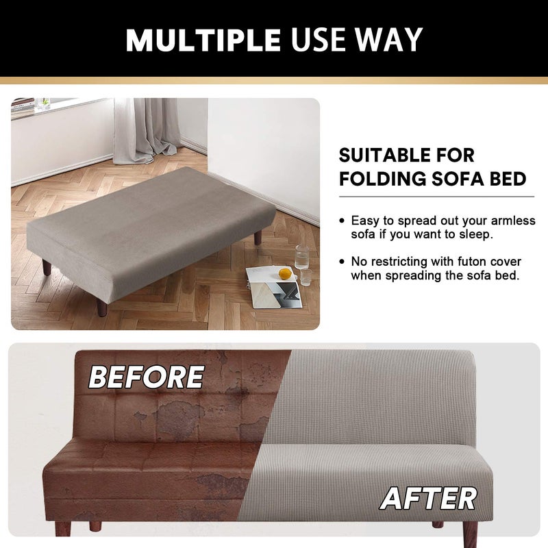 PrinceDeco Stretch Armless Futon Slipcover Full Queen Size Couch Cover Sofa Bed Cover Furniture Protector with Elastic Bottom, Checked Pattern Jacquard, Taupe - Image 4